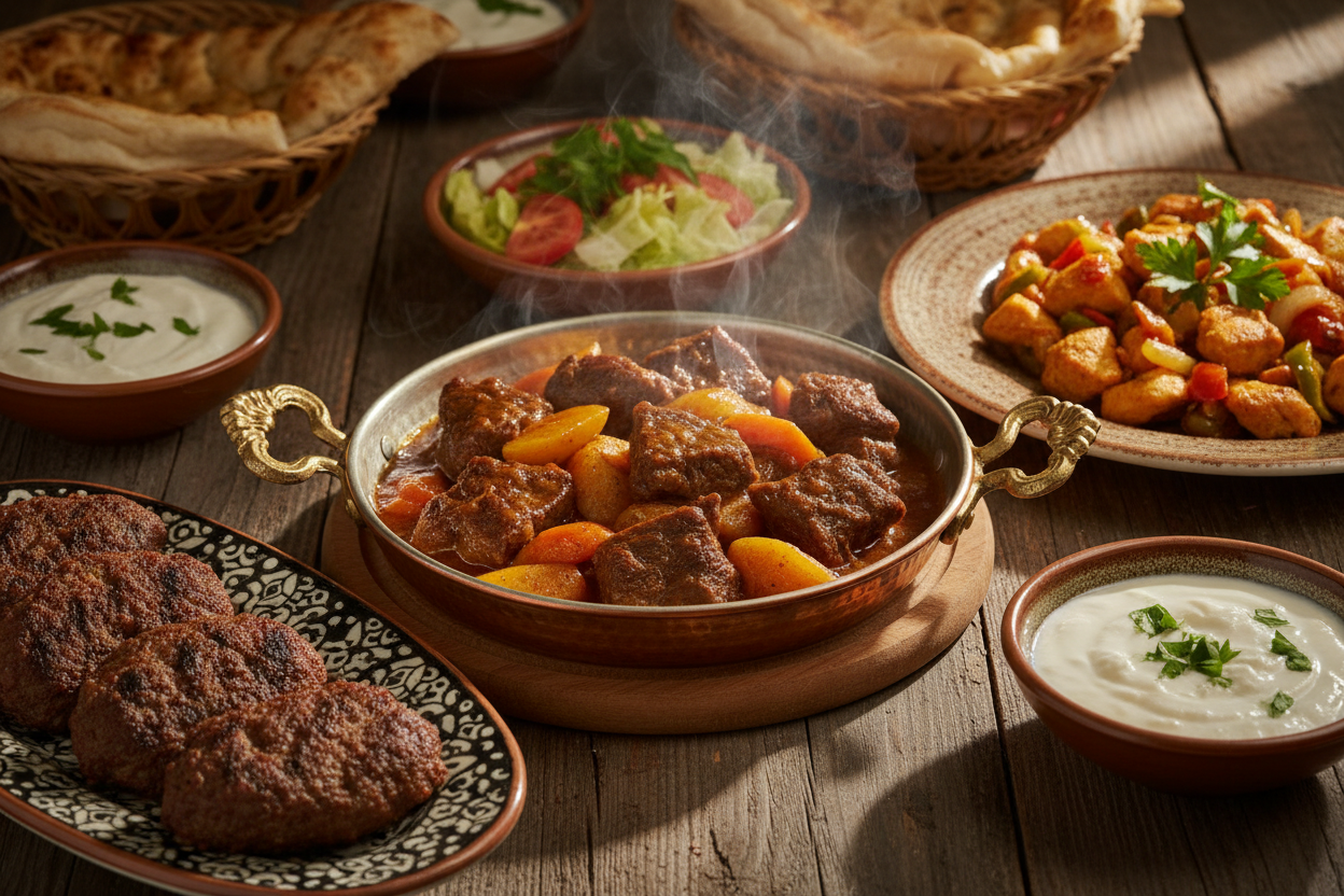Etli seçenekler: yavaş pişirilmiş tas kebabı ve sebzeli tavuk.